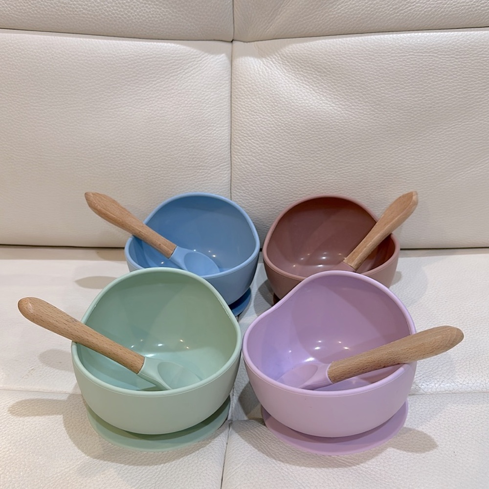 BPA Free Baby Bowls With Suction -4 Set of  2 Piece Silicone Set With Spoon